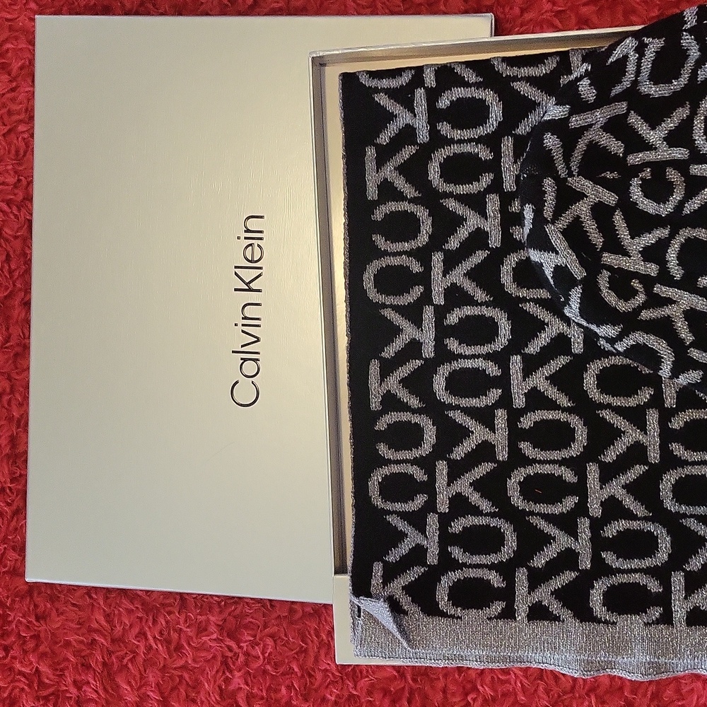 Calvin Klein Black and Silver Logo Beanie and Scarf Set - Picture 2 of 3